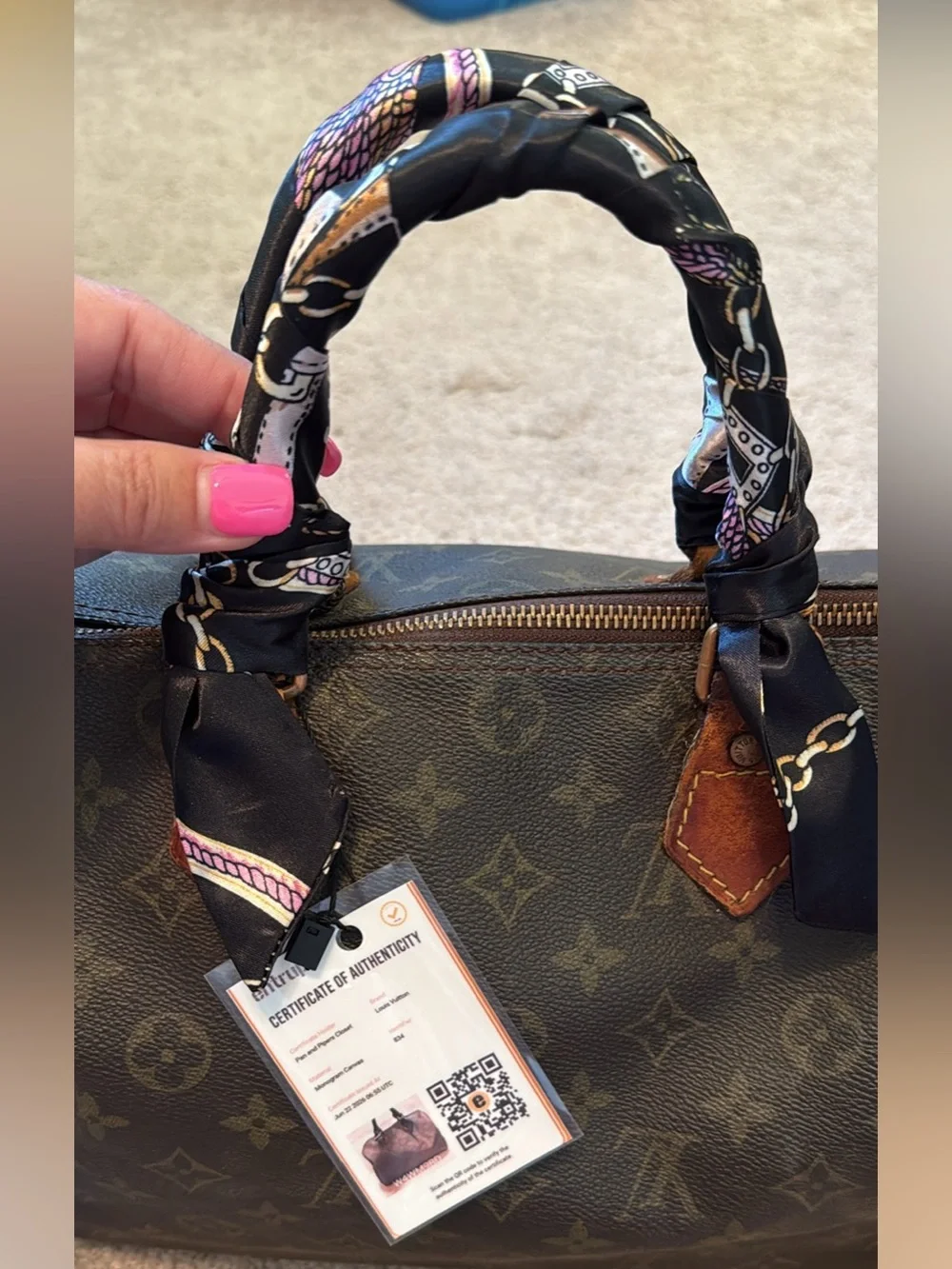 Louis Vuitton speedy 30 Monogram Tote with Black Scarf-Wrapped Handles